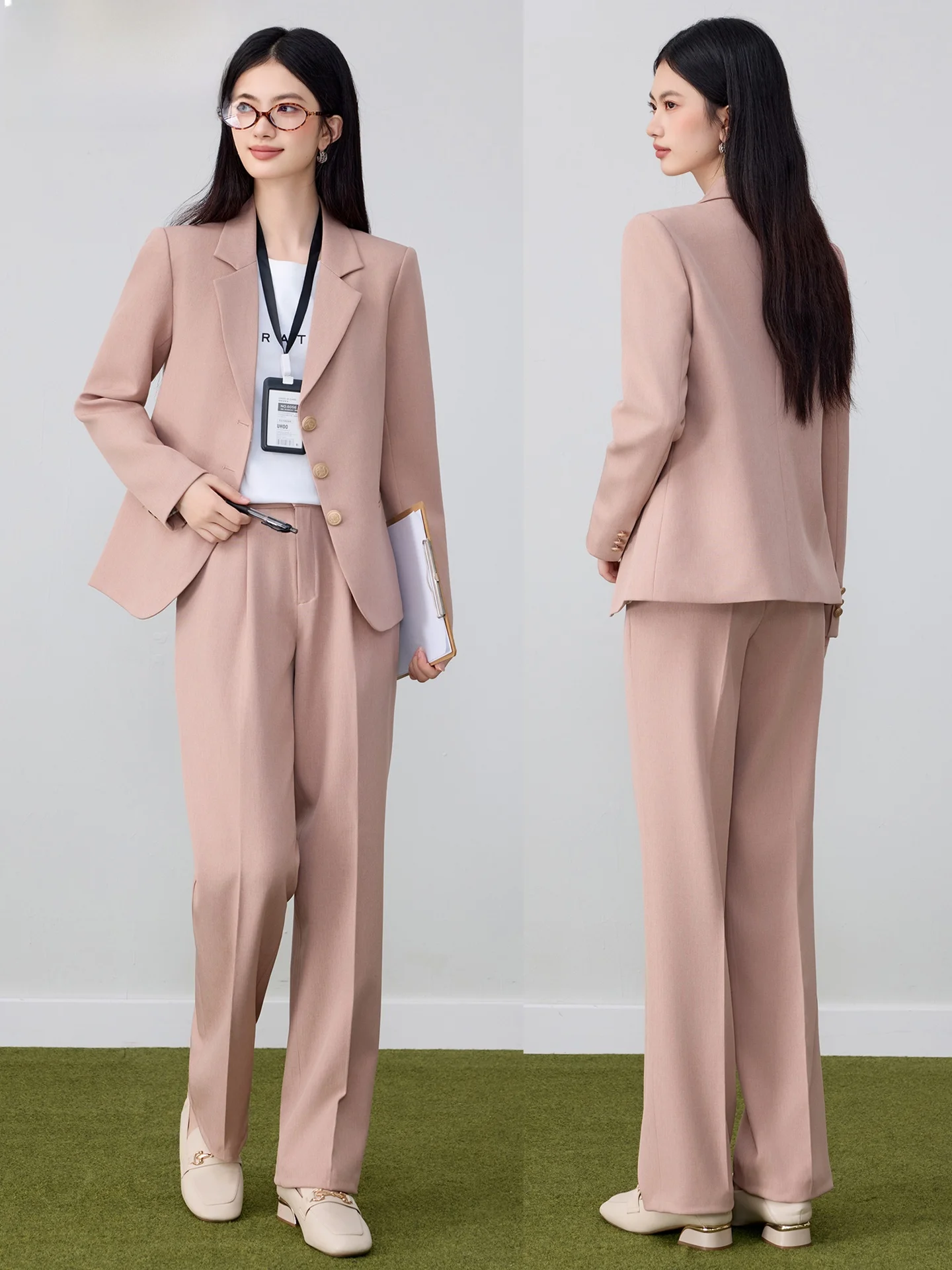 

Pink Suit Jacket Women's Three-Button Casual Interview Formal High-End Feeling Leisure Suit Set Commute Style Loose Fit