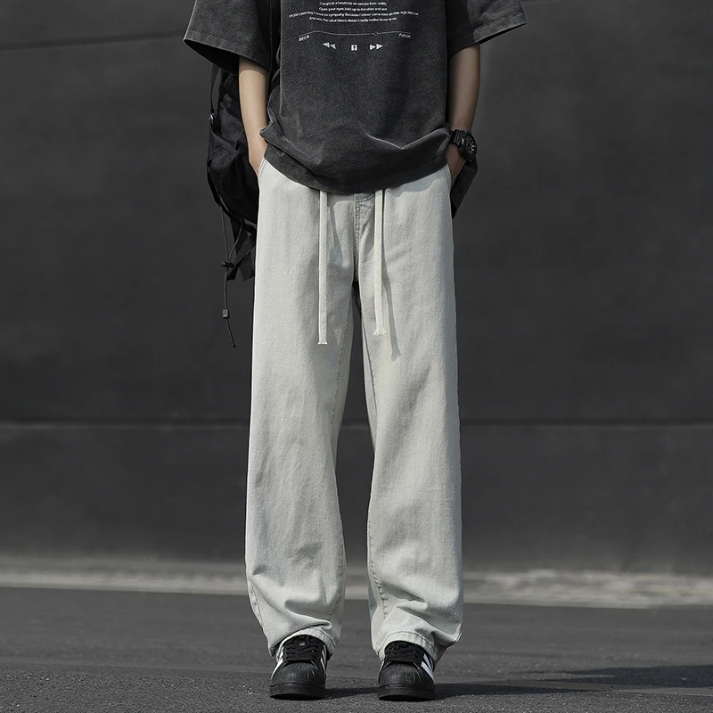 Fashion Loose Elastic Waist Spliced Pockets All-match Bandage Casual Pants Men's 2024 Spring New Oversized Solid Color Jeans