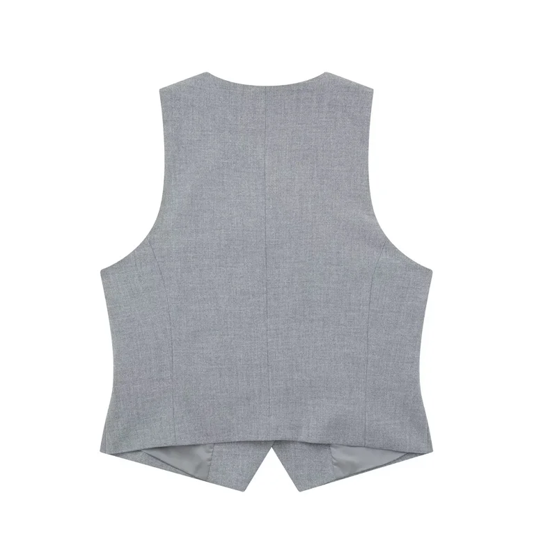 TRAF Grey Cropped Vest Women V Neck Sleeveless Vest Woman Fashion Summer Women\'s Suit Vest Top Button Short Coats Waistcoat