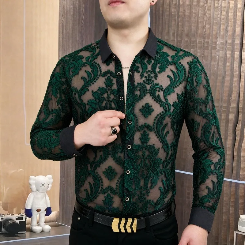 Autumn Sexy Mesh Jacquard Shirt for Men Luxury Retro Long Sleeved Casual Shirts Nightclub, Party, Banquet, Performance Costumes