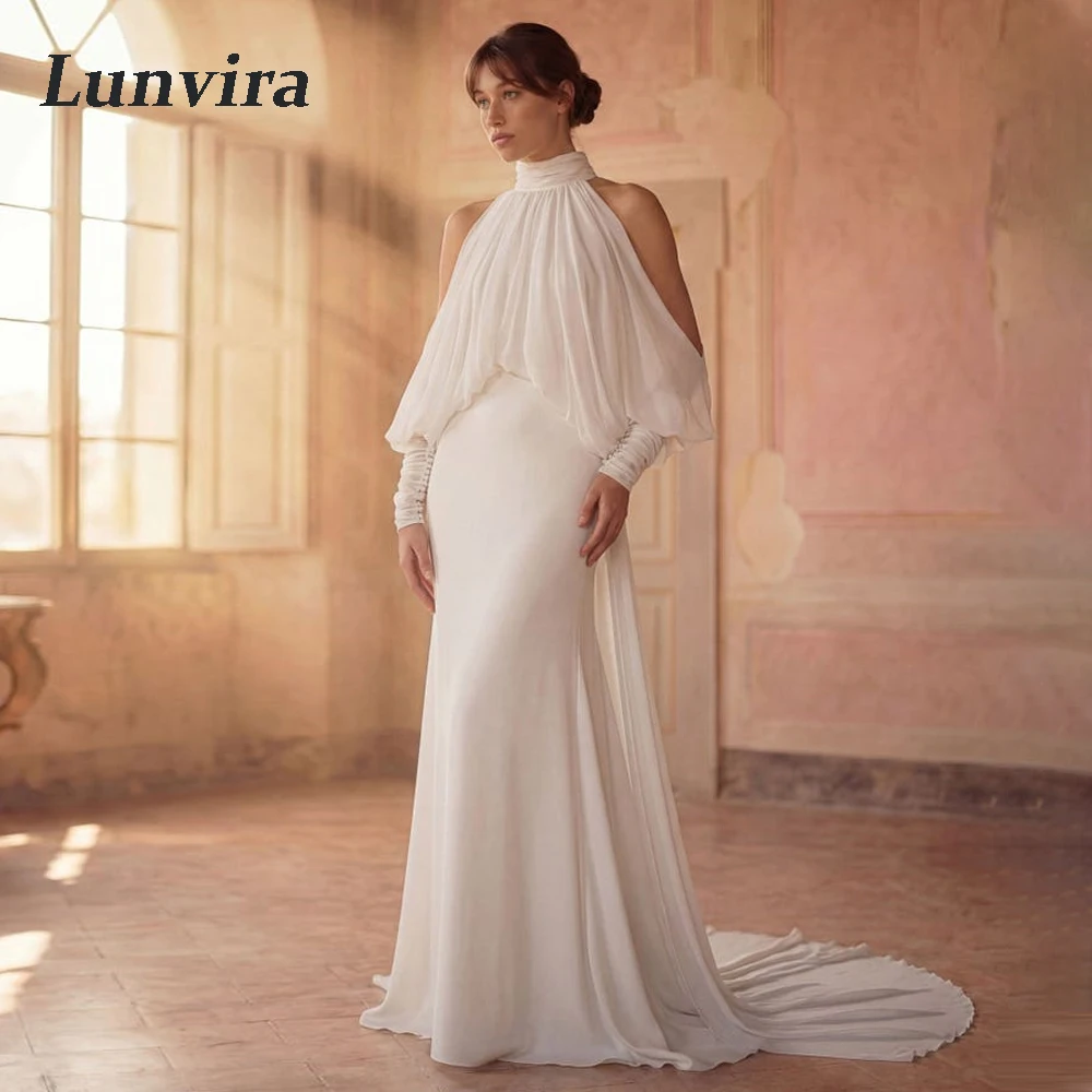 Lunvira Classic Chiffon Wedding Dress for Bride High Neck Pleat Mermaid Half Sleeves Zipper Robe De Mariee Customized
