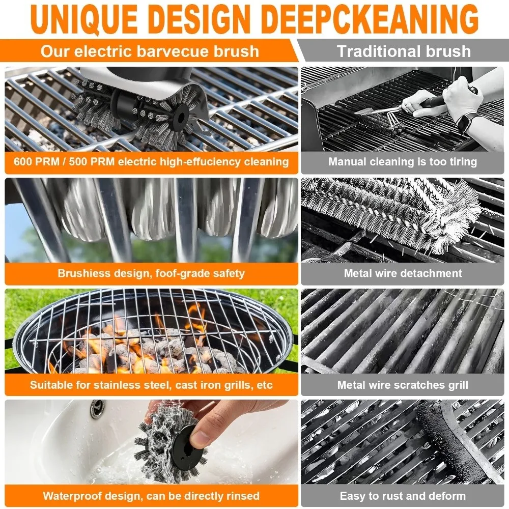 2-Speed Settings Electric Grill Brush Removable Head Steel Wire Bristles Rotating Barbecue Brush Heavy Grease Removal Wireless
