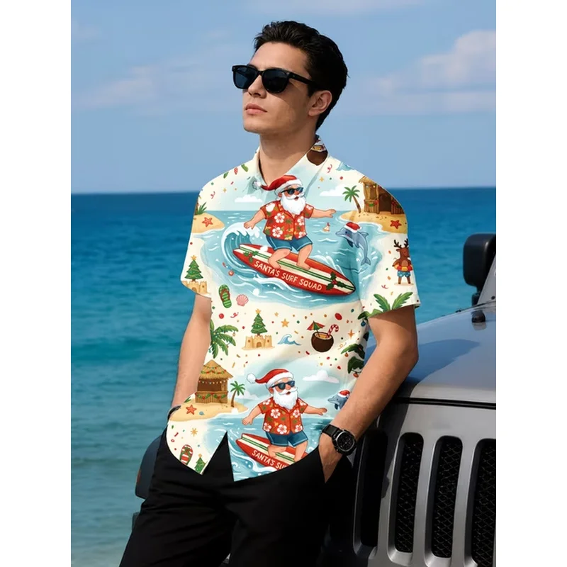 2027 Santa Beer Christmas Hawaiian Shirt Mens Funny Holiday Short Sleeve Button Up Shirts with Beach Surf and Barbecue Prints