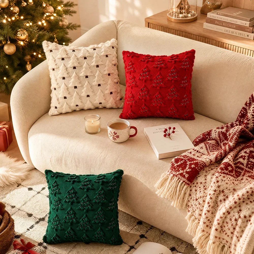 Christmas Pillow Covers 18x18inch Christmas Tree Throw Pillow Cases Soft Plush Winter Decor for Sofa Living Room Bedroom
