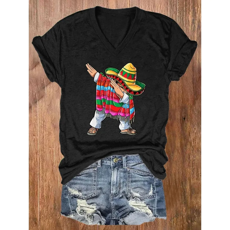 Women Cinco De Mayo Printed T Shirts Summer  V Neck Short Sleeve Top   Blouse