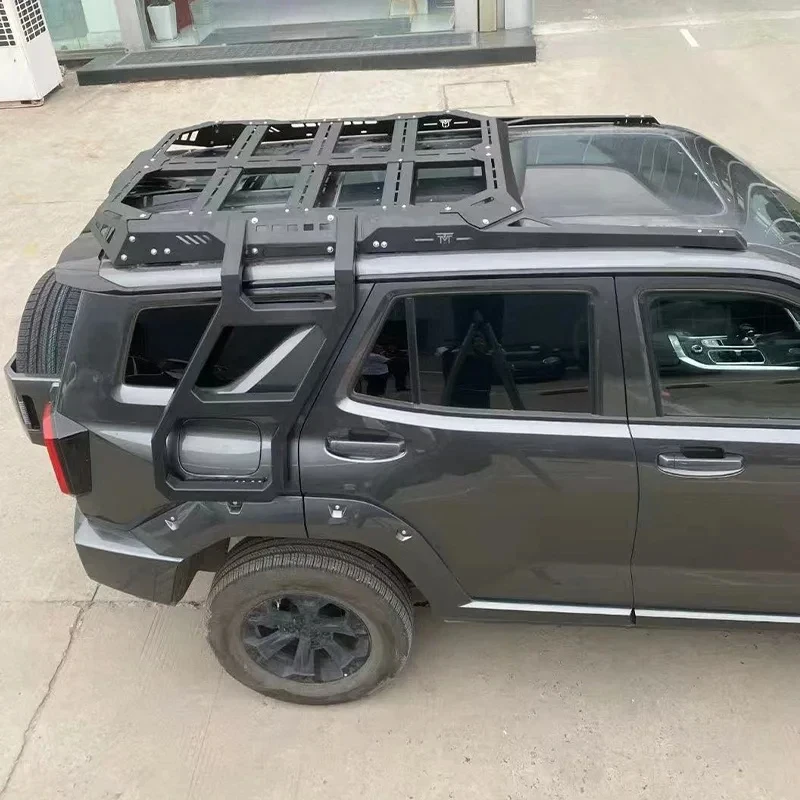 High Quality Aluminum Alloy 120KG Capacity Waterproof Lockable Expansion Roof Rack Platform With Side Tent Ladder Storage Box 4x