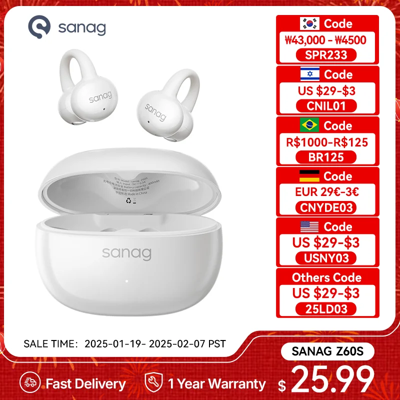 Sanag Z60S Ear Clip Earphones Air Conduction Open Ear Earbud Bluetooth 5.4 Wireless Bluetooth Headphones IPX4 50H Playback