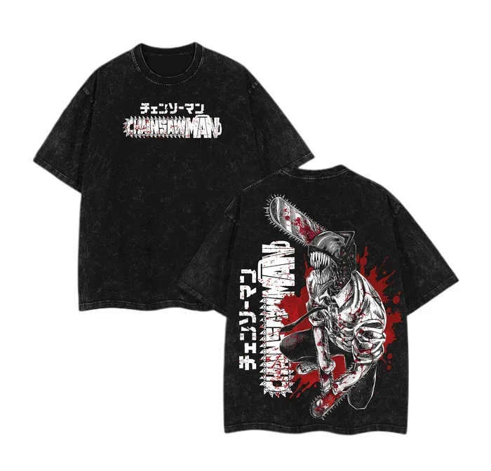 2026 Chainsaw Man Denji Reze Power Pochita Printed T-shirt Men's and Women's Washed T-shirt High Quality Vintage Cotton T-shirt