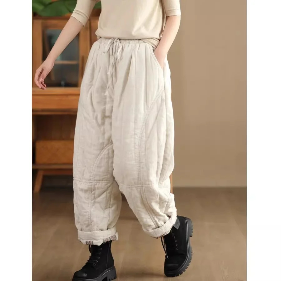 Retro Pants for Women, Winter Warm High Waisted Trousers, Thick Cotton Quilted Loose Casual Pants w1919