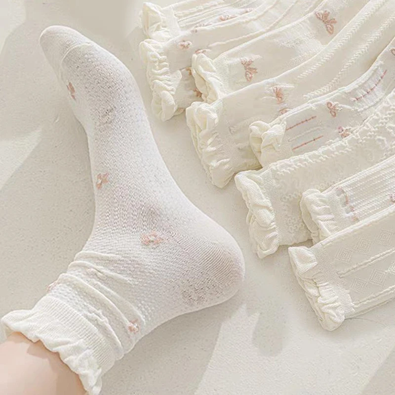 3pairs White Bow Lace Socks Women Ballet Style Mid-tube Sock Ins Kawaii Princess Sox Hosiery Harajuku Sweet Ruffled Streetwears