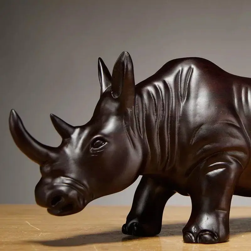 Ebony Carved Rhino Ornaments Solid Wood Carved Animals Home Decoration Office Desktop Decorations Redwood Crafts Decorations