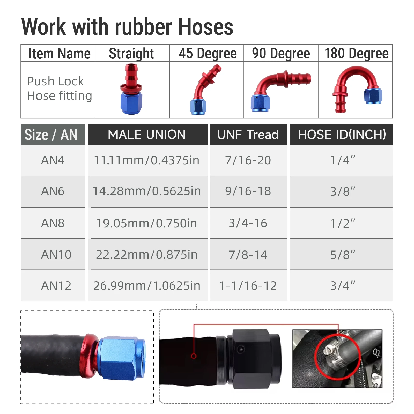 AN4 6 8 10 12 Push-on Hose End Fittings Fuel Oil Cooler Hose Fitting 0 45 90 180 Degree Reusable Connection Adapter Red Blue