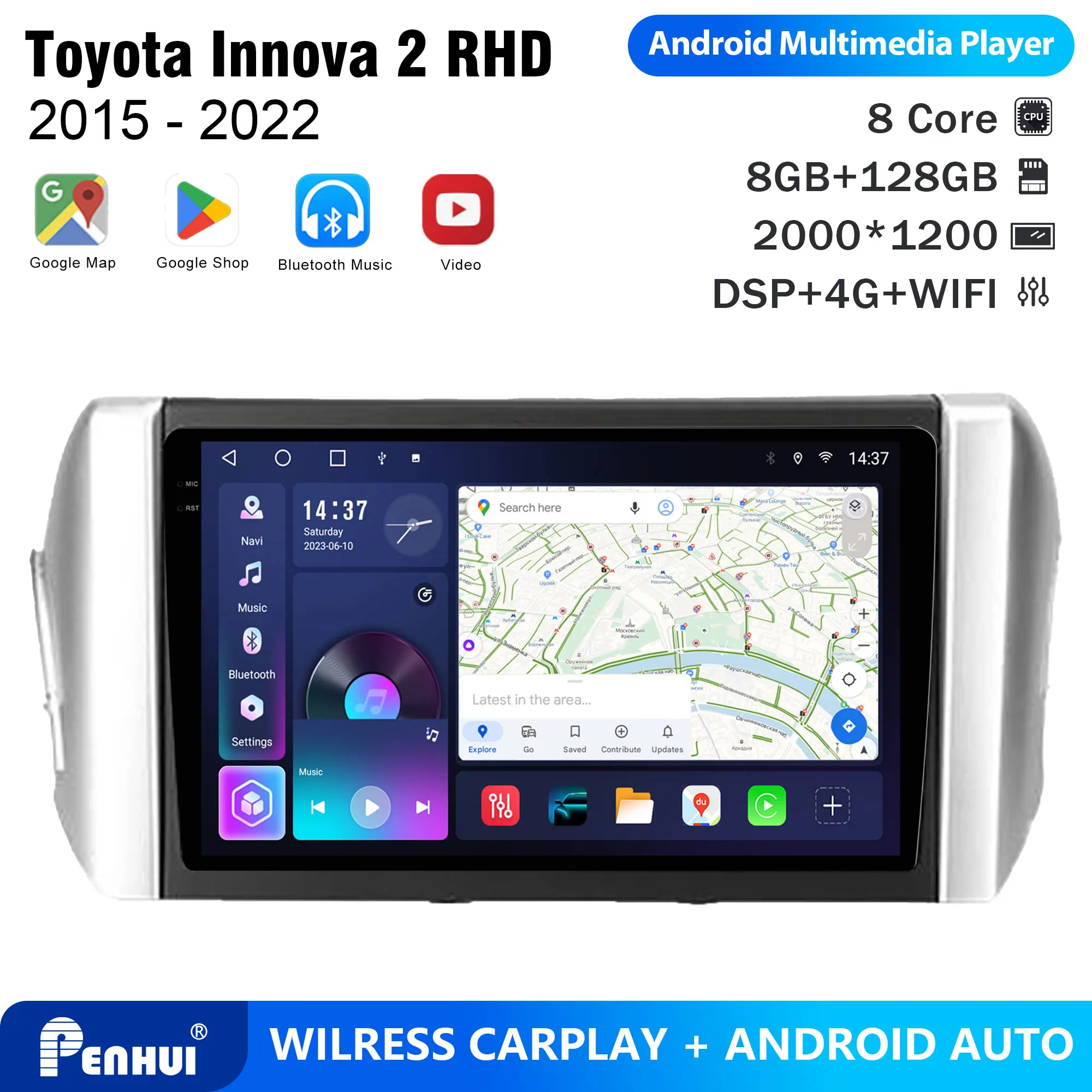 Penhui For Toyota Innova 2 2015 - 2022 RHD Android Car DVD Player 2Din 9'' Touchscreen DSP Bluetooth Video Multimedia System