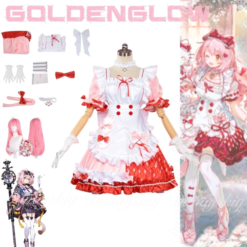 

Arknights Game Goldenglow Linkage Flower House Tea Party With Pink Hair And Pink Red White Dress Cosplay Costume Game All Of Set