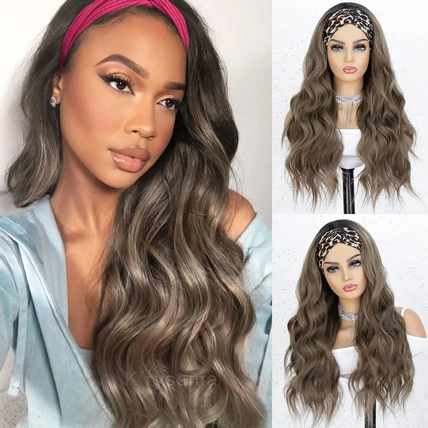 

Synthetic Long Wavy Ombre Brown Headband for Black Women Glueless Hair Natural Looking None Lace Front Wigs Heat Resistant