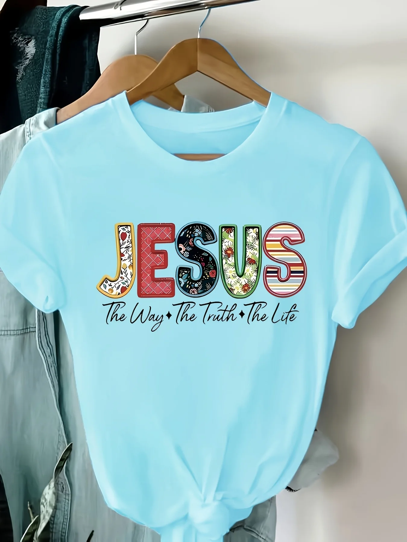 Ladies' Casual Round Neck T-shirt with Colorful Letter Print of "Jesus" and "Road Truth, Life" Design Printed on Soft Fabric view 4