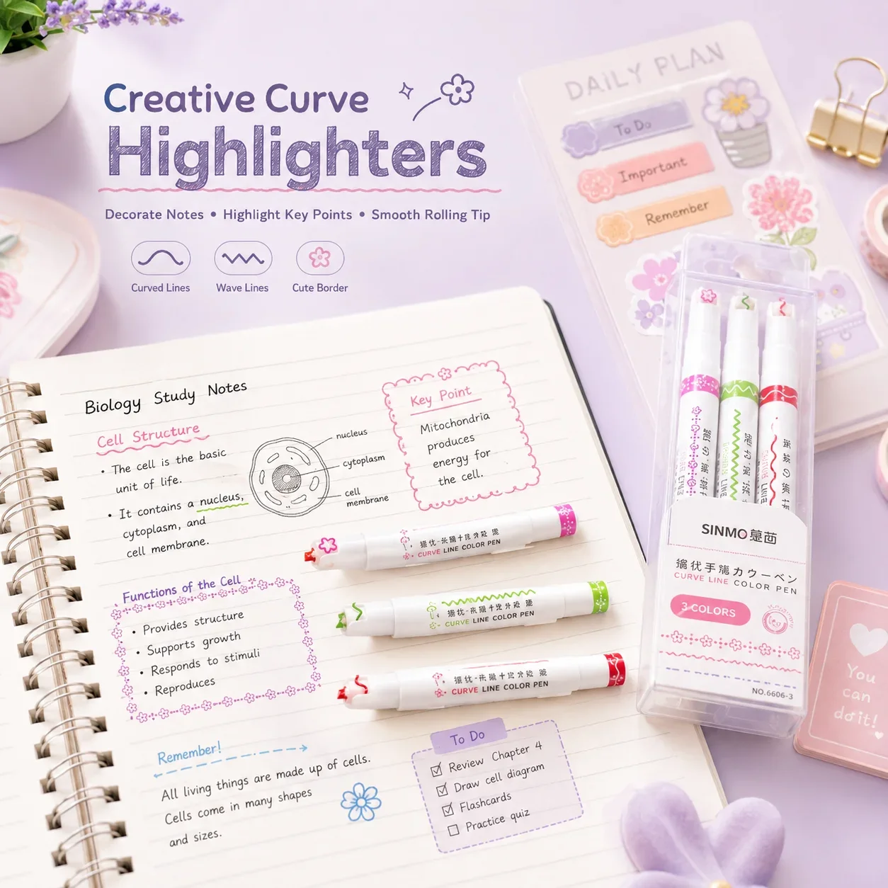 6Pcs/set Kawaii Flowers Line Shaped Highlighter Pens Roller Tip Curve Liner Marker for Writing Journaling Drawing Stationery