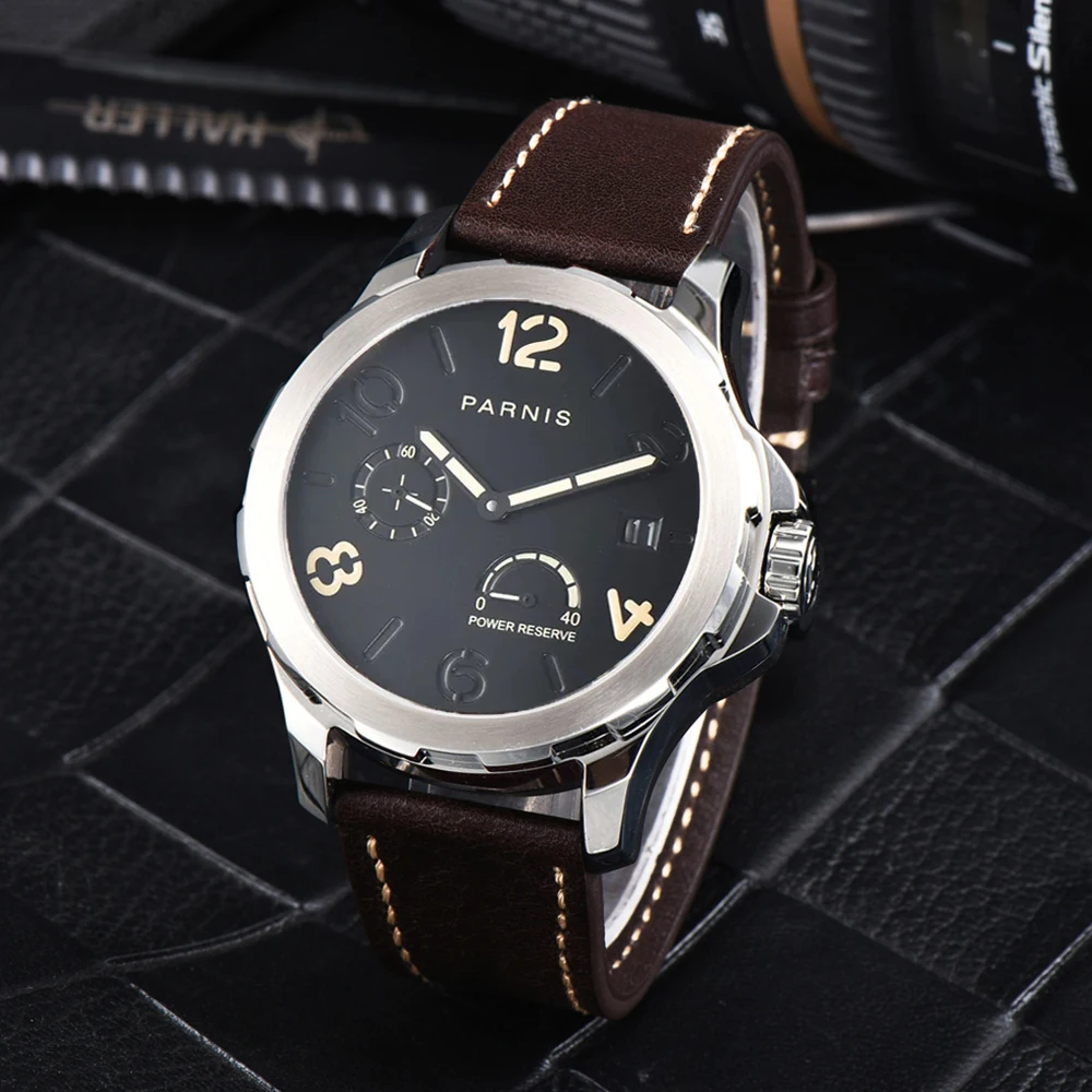 Parnis 44 mm zilveren kast bruine cijfers zwarte wijzerplaat automatisch mechanisch herenhorloge gangreserve-indicator saffierkristal horloge