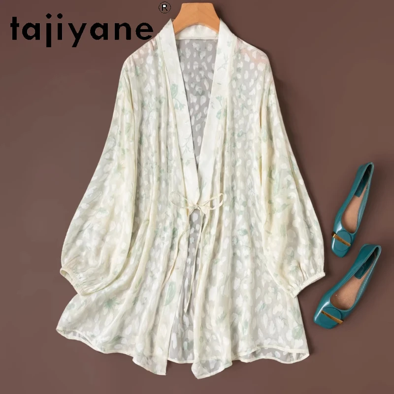 TAJIYANE 100% Mulberry Silk Shirt Women Lantern Sleeve Mid Length Blouse Semi-Transparent Spring Tops Woman Clothes 2026 셔츠