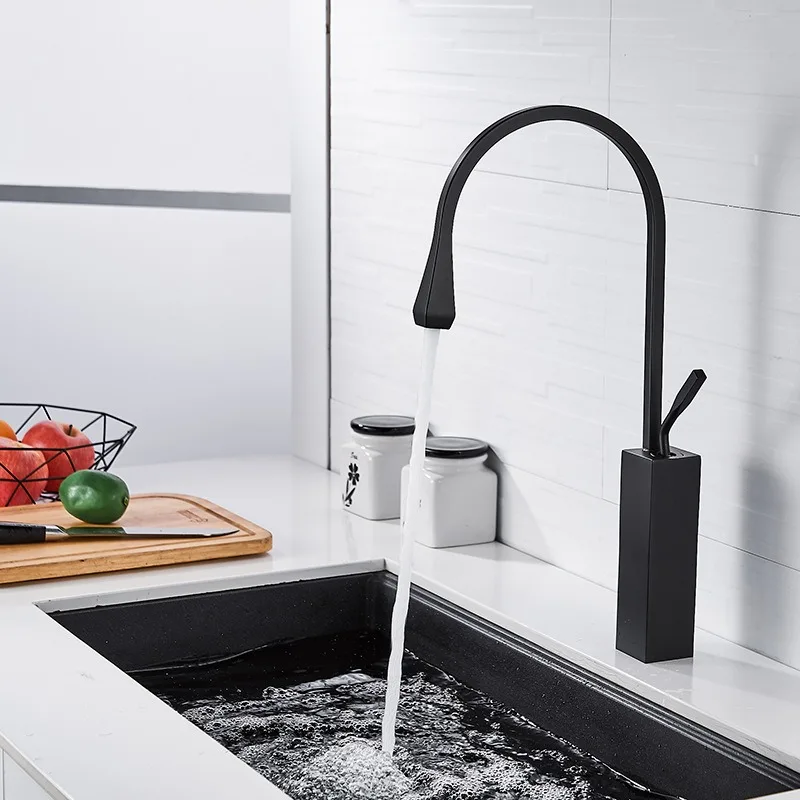 

Смеситель с каплей воды, квадратный черный кухонный бытовой смеситель для раковины, полностью медный, вращающийся на 360 градусов, смеситель с одним отверстием