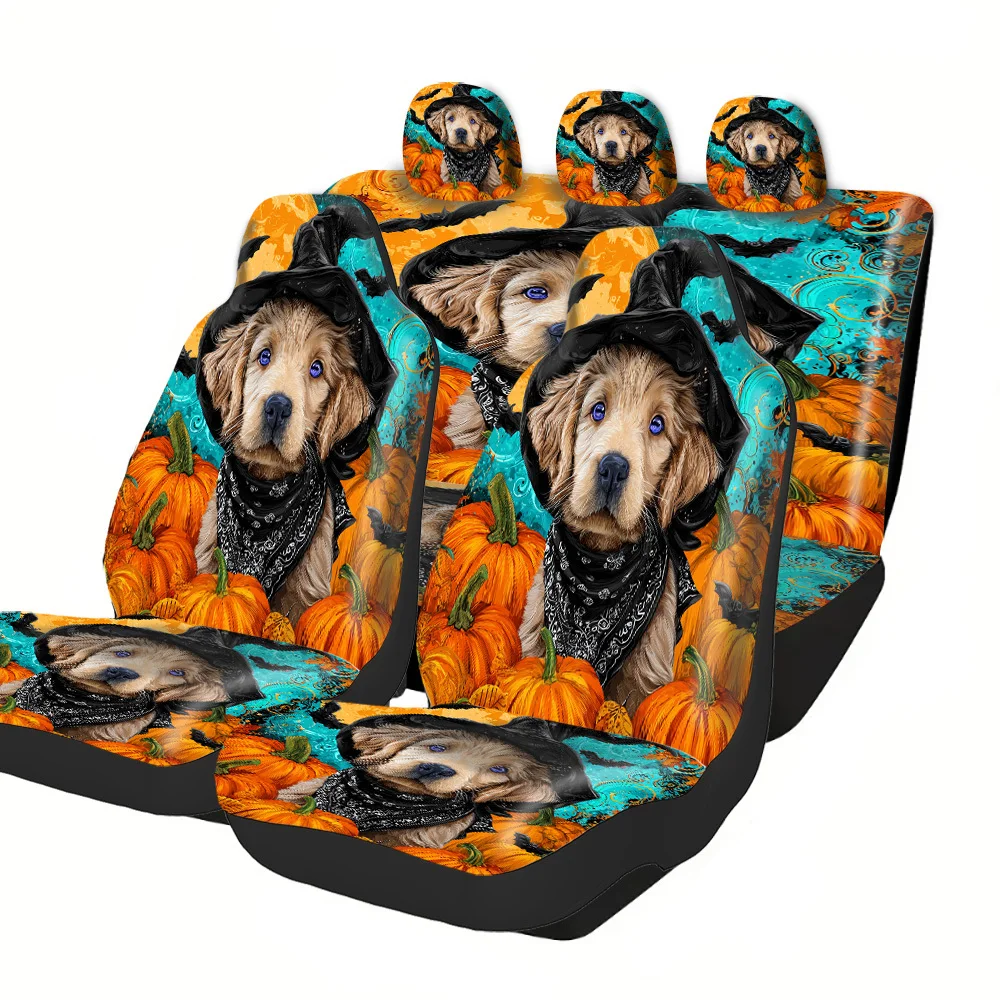 2-5 Seat Set Car Seat Covers Festive Halloween Puppy Print Premium Fit For Truck SUV Off-road Car Perfect Christmas New Year Ea
