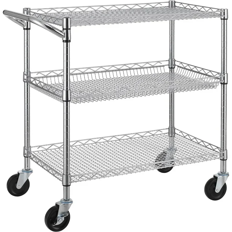 3 Tier Heavy Duty Commercial Grade Utility Cart, Steel Service Cart, Utility Shelf Plant Display Shelf Food Storage Trolley