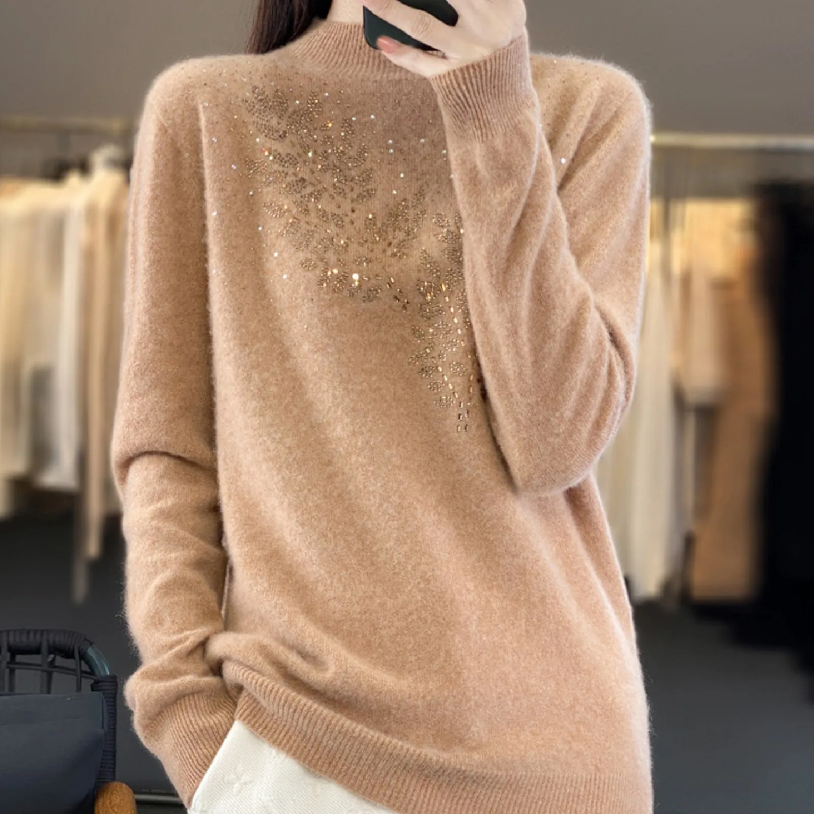 Women\'s Sweater Autumn/Winter New Solid Color Knitwear Half Turtleneck Pullover 2024 Ladies Fashion Blouse Loose Warm Tops