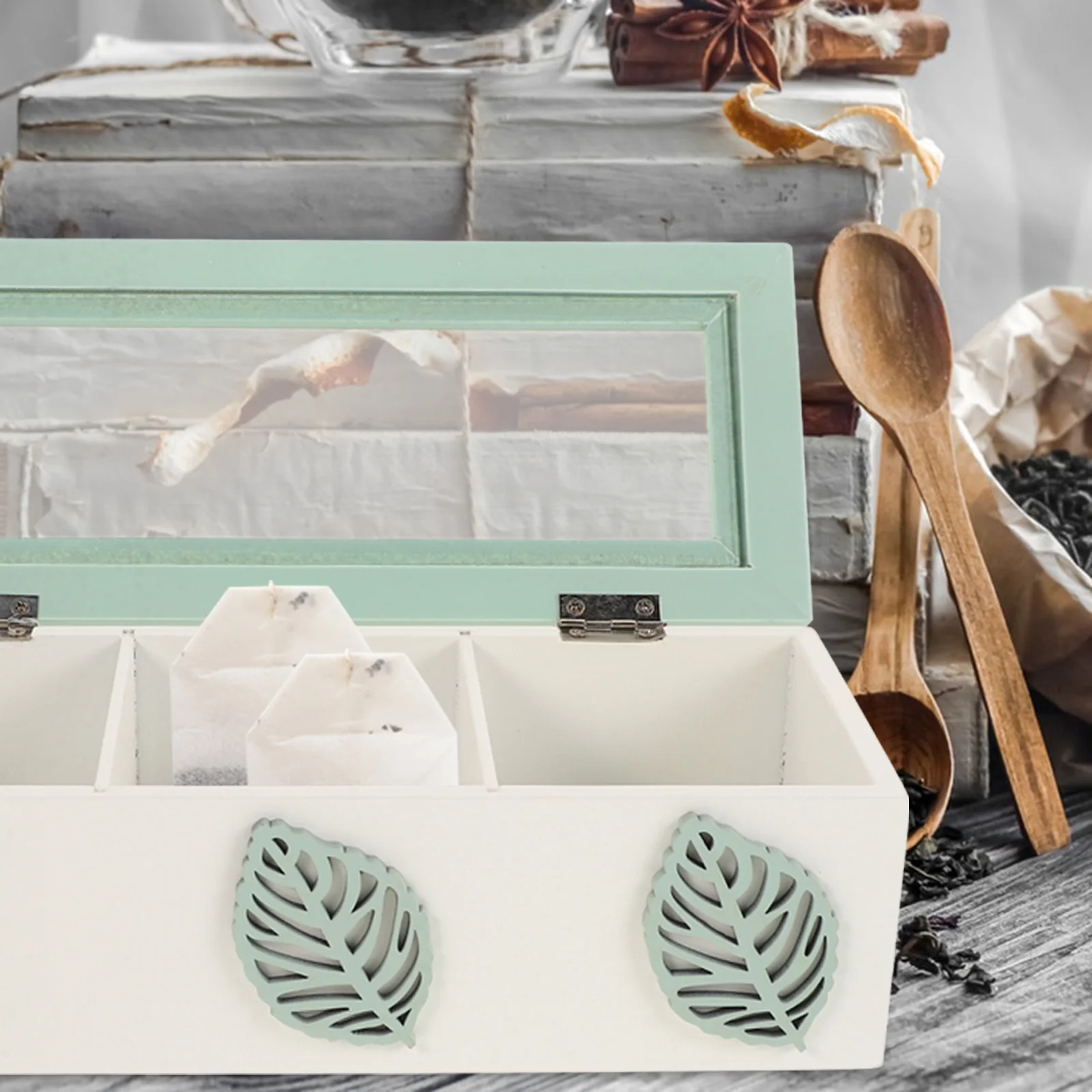 

Tea Organizer Wooden Box with 3 Compartments Clear Lid Storage Chest for Tea Bags Loose Leaf Coffee Countertop Drawer Use
