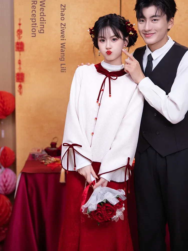 

Wedding Dr Set Engagement Return Home Banquet Two-Piece Suit Small Fraance Sle Long Sve round Ne Gown for Women