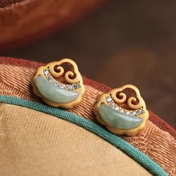 Ancient gold craft Natural Chalcedony Green Ruyi earrings for women Ear Studs Premium vintage jewelry for everyday wear
