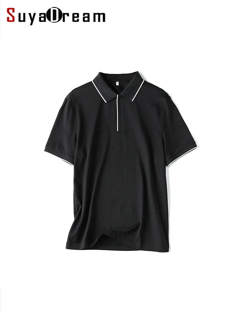 SuyaDream Men Polo Shirt  Silk Cotton Blend Short Sleeved Chic Smart Casual T Shirts 2023 New Spring Summer Top Black White