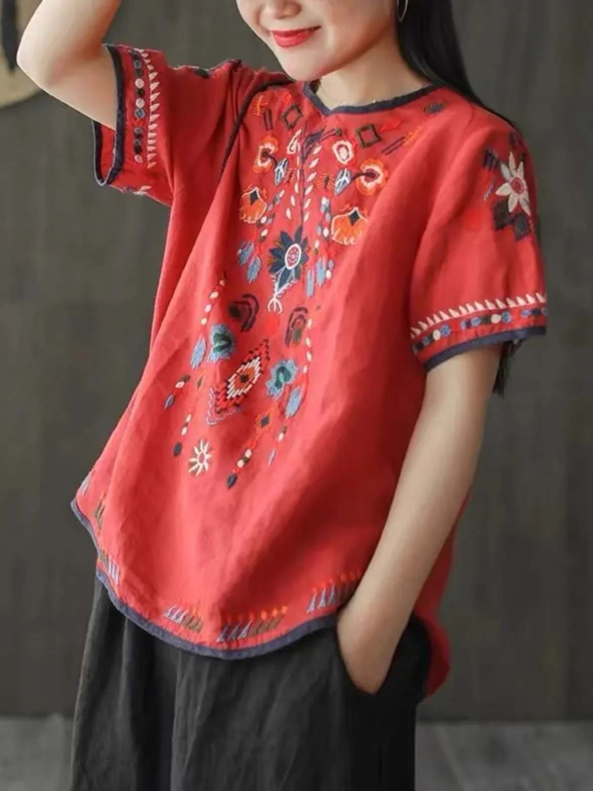 Ladies Cotton Linen Short Sleeve T-Shirt Loose Fit Base Layer Shirt Ethnic Artistic Style Summer New Arrival Retro Commute Style