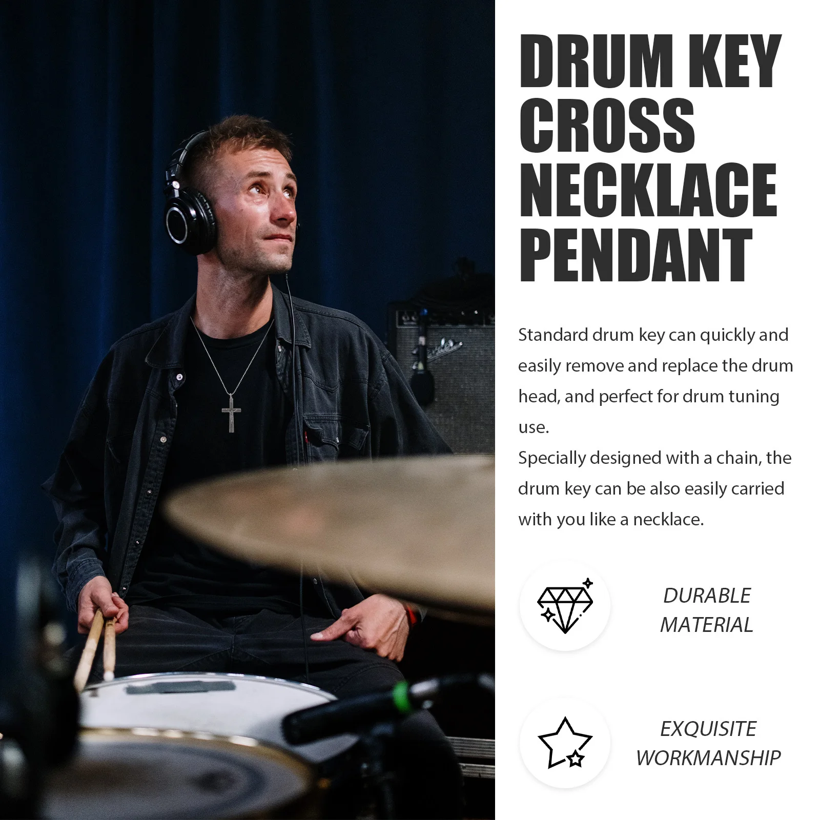 

Drum Key Necklace Chromium-Plated Steel Adjustment Tool For Drum Tuning Percussion Instrument Repair Jazz Square Wrench