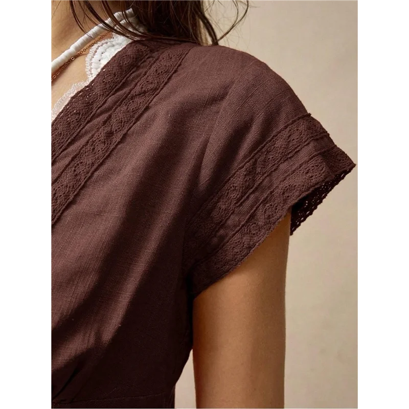 

ASDS-Women's Lace Trim V Neck Blouse Short Sleeve Shirred Shirt Tops Summer Vacation Clothes