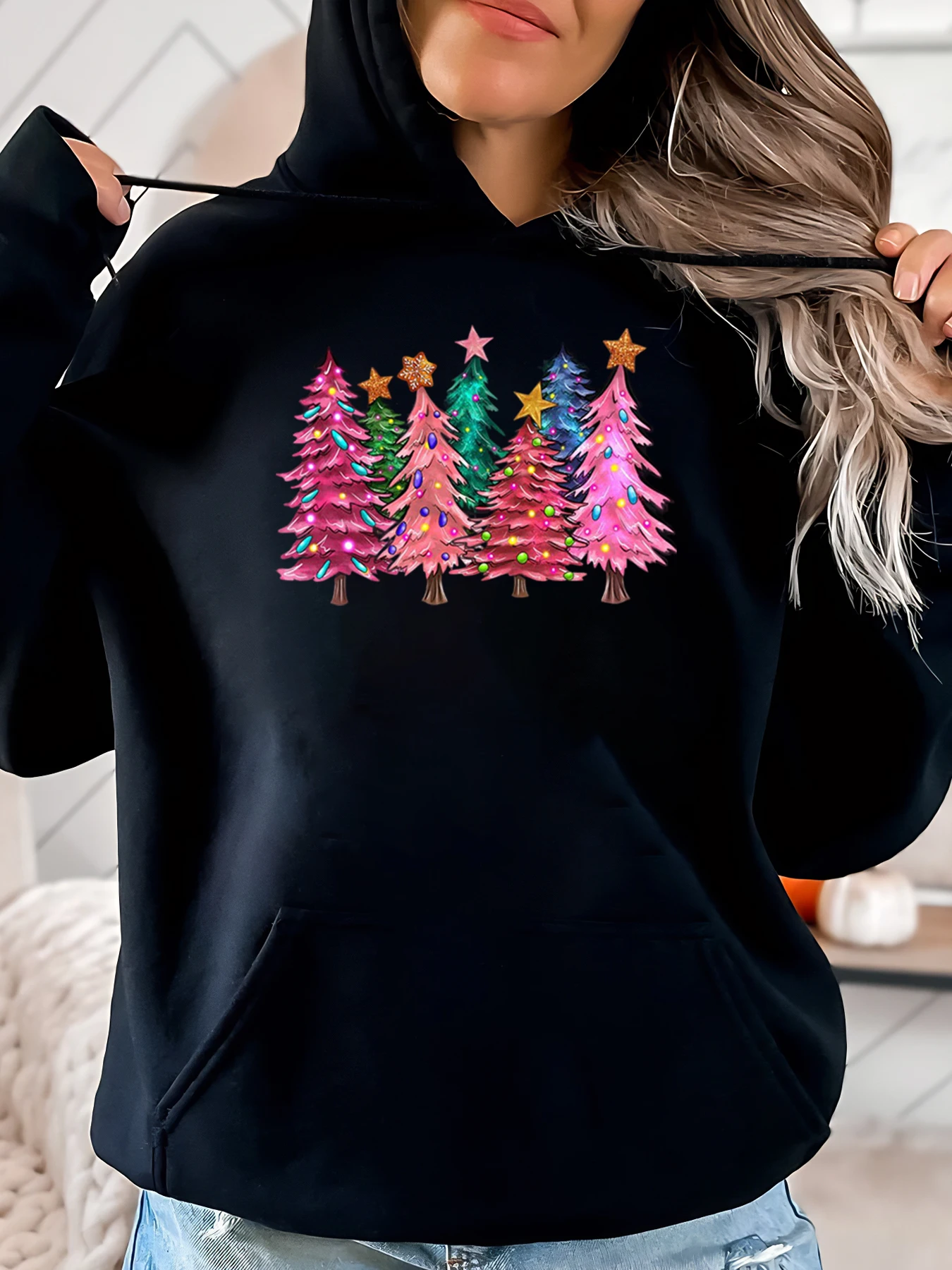 メリーアンドブライトクリスマスプリントパーカー女性カジュアルホリデーウェアブラックプラスサイズ