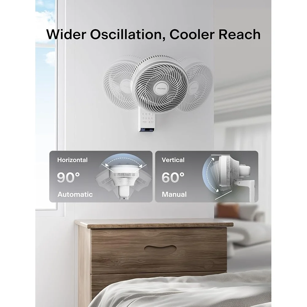 9 Inch Wall Mount Fan with Remote Control Oscillating Fan Powerful Airflow 26ft 3 Speed Modes Auto 90° Horizontal 60° Vertical