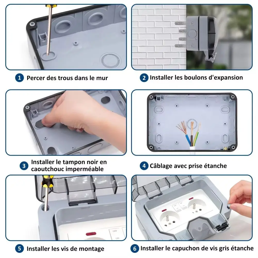 IP66 Waterproof Socket Box PC Material Built-In Switch Outdoor Wall Socket 16A Multiple Cable Entry Holes EU Socket Parking Lot