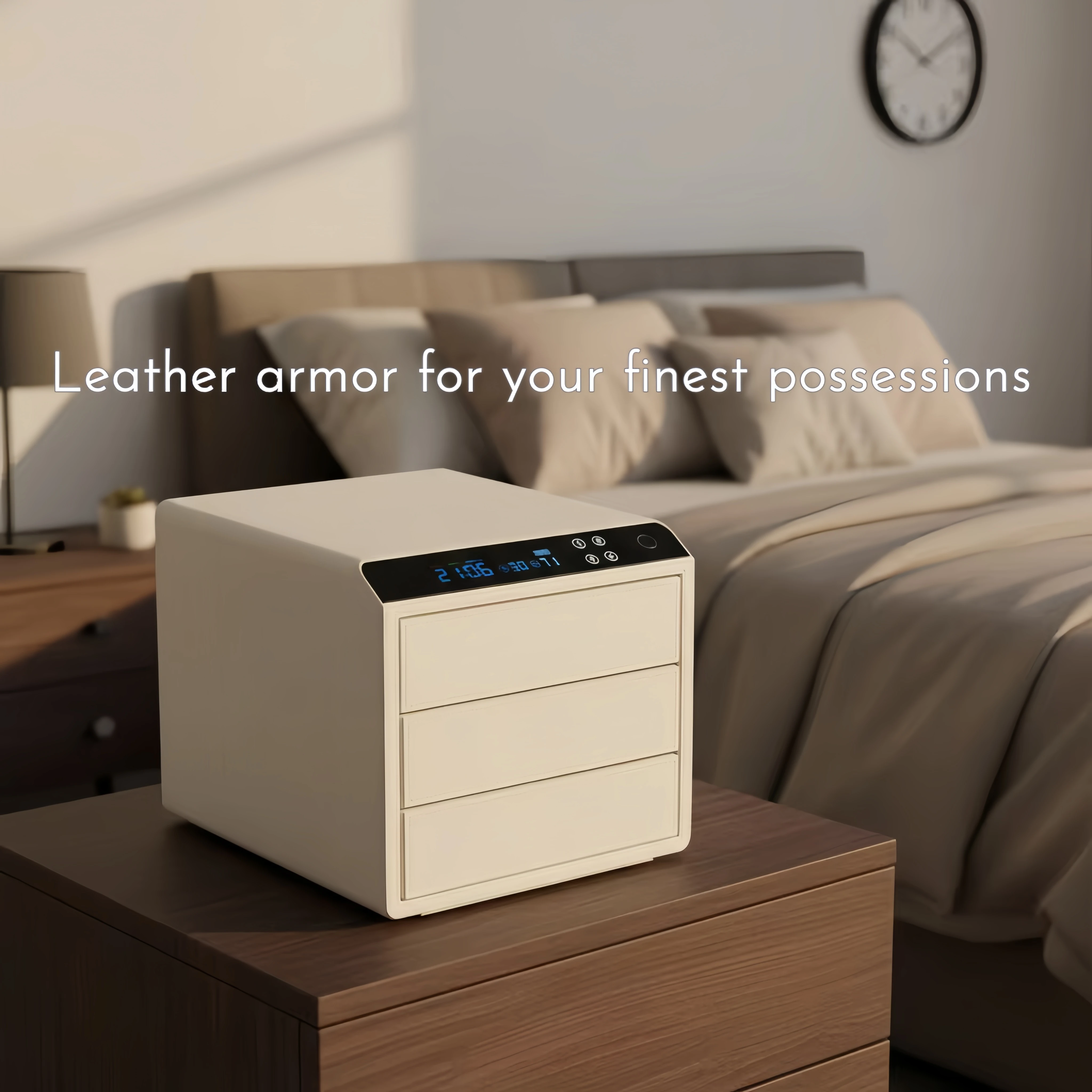 Premium Leather Safe Box, 3 Layers Wood Drawer Safe with Fingerprint Password Lock, Jewelry Storage Security Case for Vanity