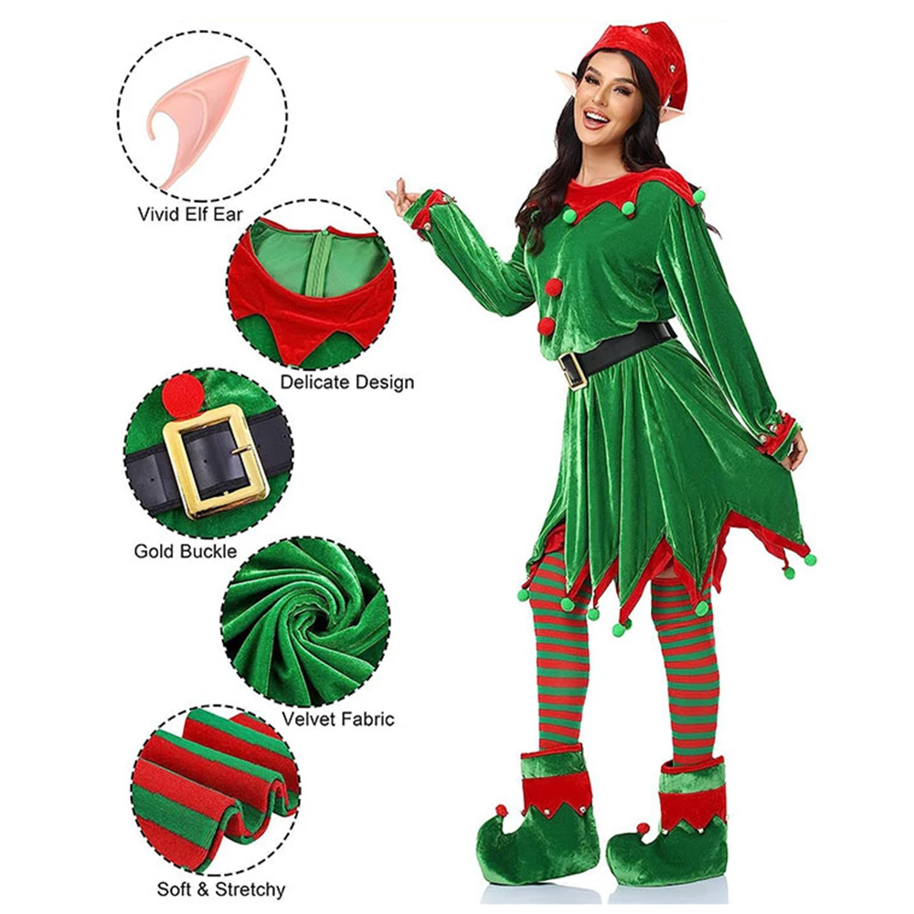 Kostium Elfa dla dorosłych Damski świąteczny kostium Świętego Mikołaja Zielony Elf Cosplay Pełny zestaw strojów Karnawał Impreza Fancy Dress Xmas Elf Clothes Set