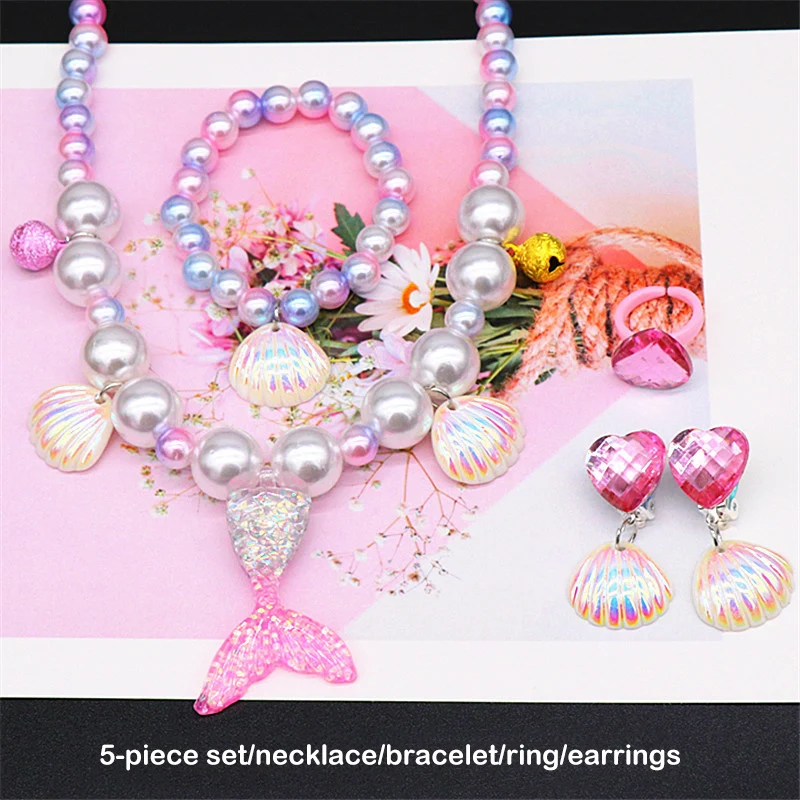 2/5Pcs Children Girls Princess Fashion Cartoon Cute Mermaid Tail Pearl Necklace Bracelet Ring Earrings Set Girls Baby Accessorie