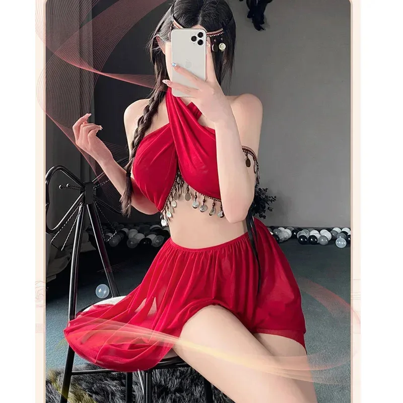 

Новый комплект нижнего белья для косплея «Древний персидский и египетский», украшенный металлическими аксессуарами, прозрачная одежда для сна с перекрестной лямкой на шее Dr UA1