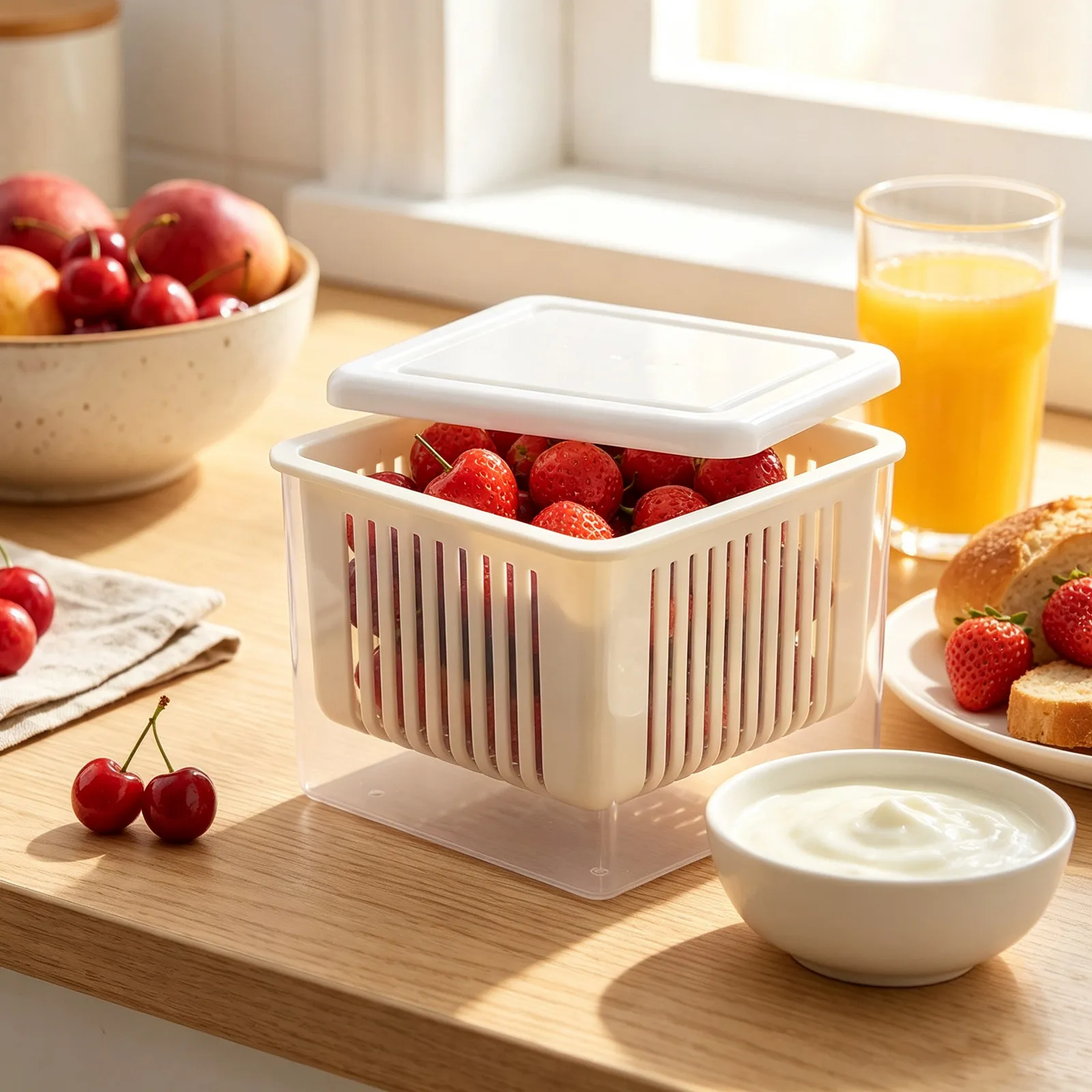 4Pcs Berry Keeper Container Fresh Produce Storage Bin with Vent Drainage Colander Strainer for Refrigerator Berry Storage