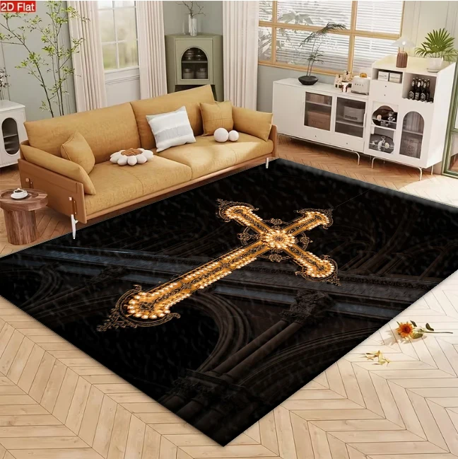 Golden Ornate Light Cross Religious Carpet Flooring, Church Vintage Non-Slip Floor Rug for Living Room Bedroom Home Decoration