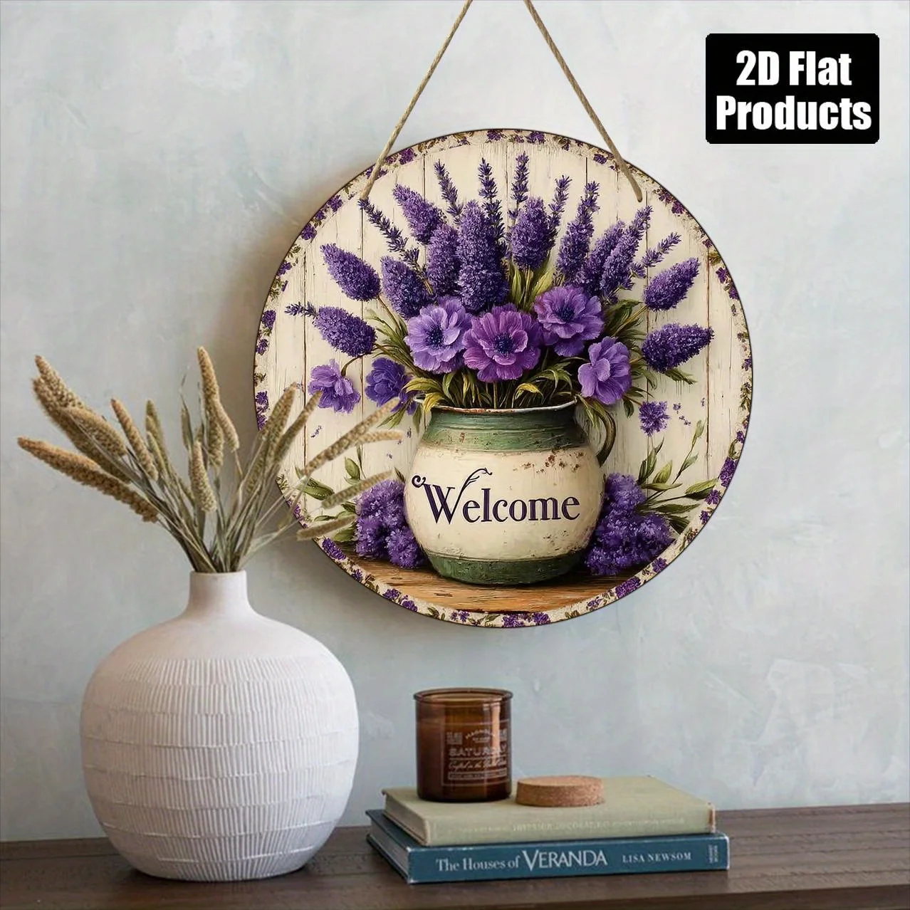2D Flat, 1pc Vintage Lavender Welcome Sign - Floral Wall Decor with Purple Blooms, Rustic Farmhouse Decoration Plaque for Home,