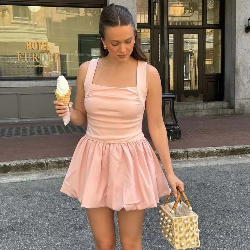 

YENKYE Good-looking Slim Pink Tank Ball Gown Dresses For Women Elegant Square Neck Sleeveless Summer Party Mini Dress White