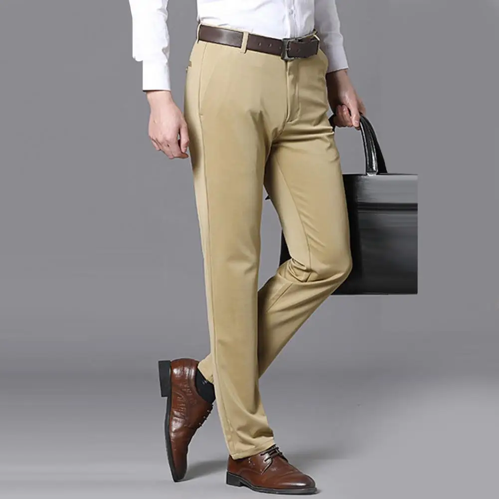 Men Business Pants Comfy Suit Pants Spring Autumn Solid Color Stretchy Blazer Pants Mid Waist Straight Loose Trousers Work Pants