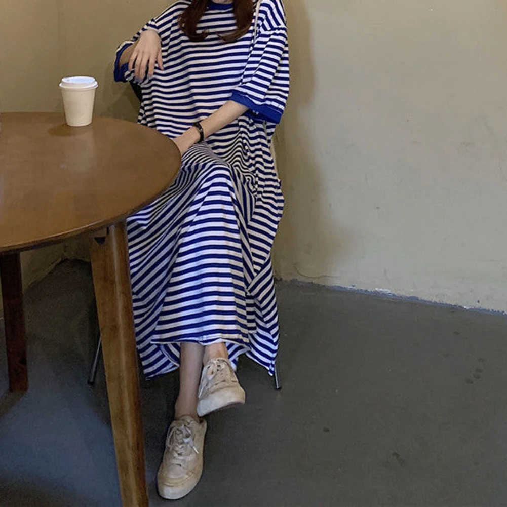 Robe T-Shirt rayée à manches courtes pour femmes, jupe ample, effet amincissant, taille coréenne, été