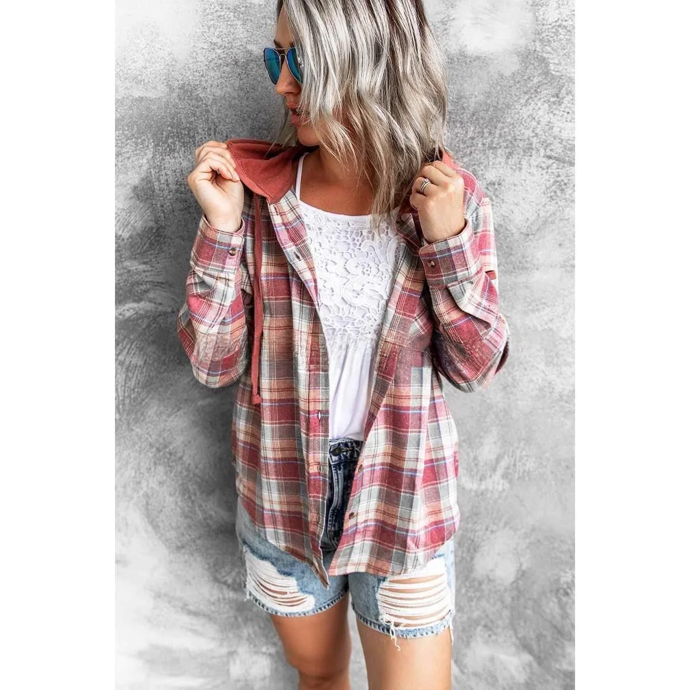 Womens Hooded Woolen Plaid Jacket Street Style Medium Thickness Long Sleeve Coat for Middle-Aged Women with Single Button