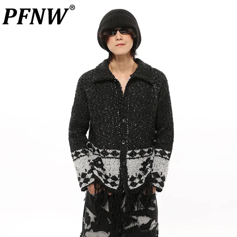 

PFNW 2024 Autumn Trend Knitted Cardigan Male Sweater New Lapel Single Breasted Contrast Colors Brushed Niche Design Tops 28W4582