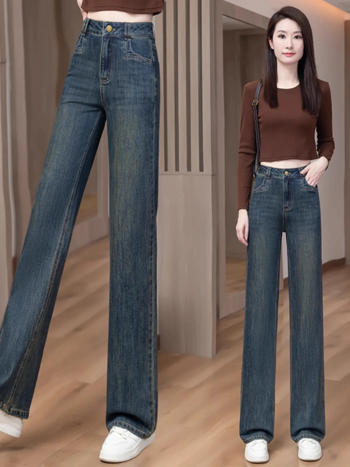 Fashionable High Waist Wide Leg Jeans Women's Cement Grey Straight Cut Slim Version Autumn New Arrival Premium Quality